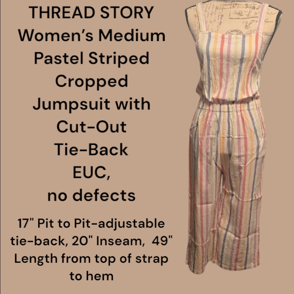 THREAD STORY Pastel Striped Cut-Out Tie-Back Cropped Jumpsuit Women's Medium Euc